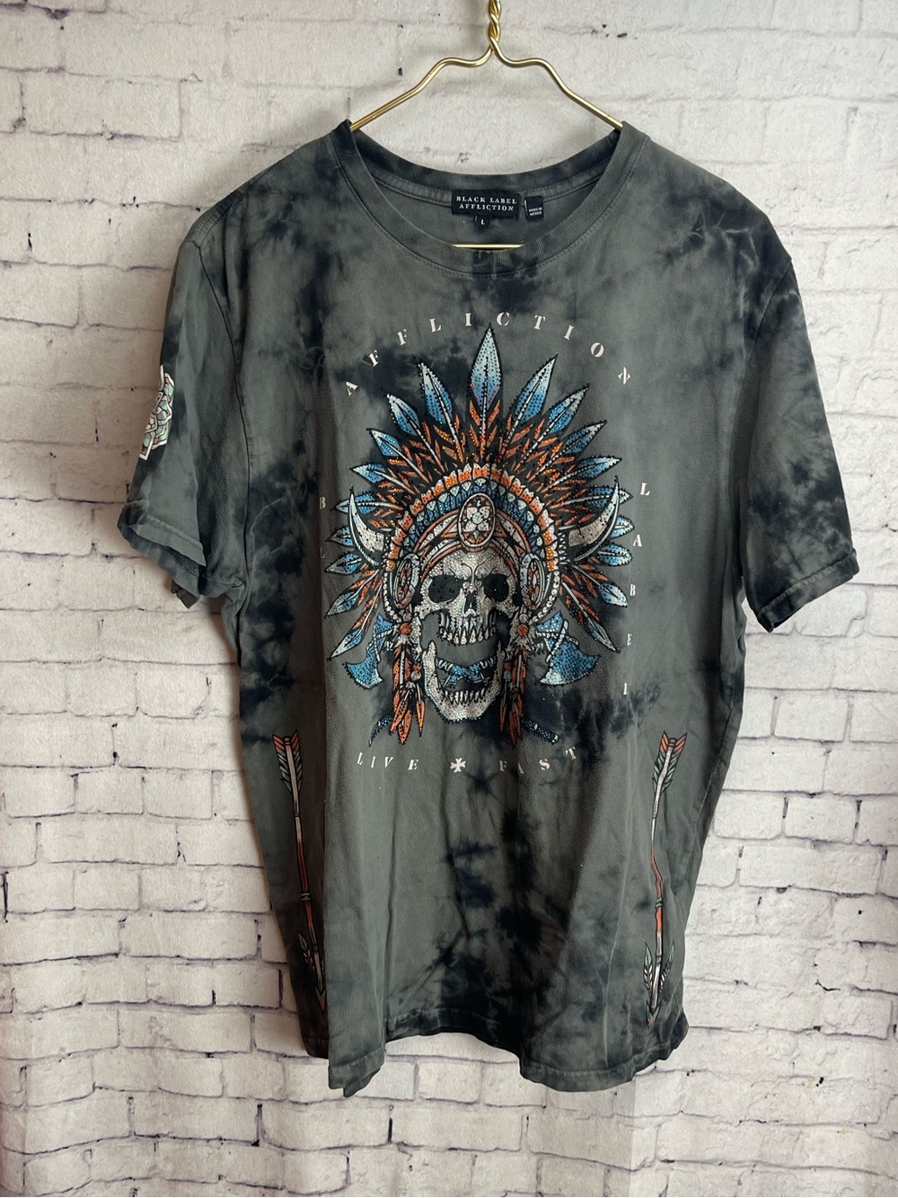 Affliction black label tshirt gray and black with embellished Native American L
